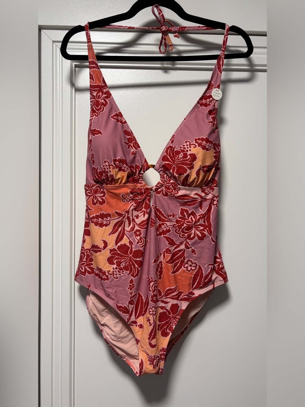 Floral Ring-Front One-Piece Swimsuit in Rose and Coral